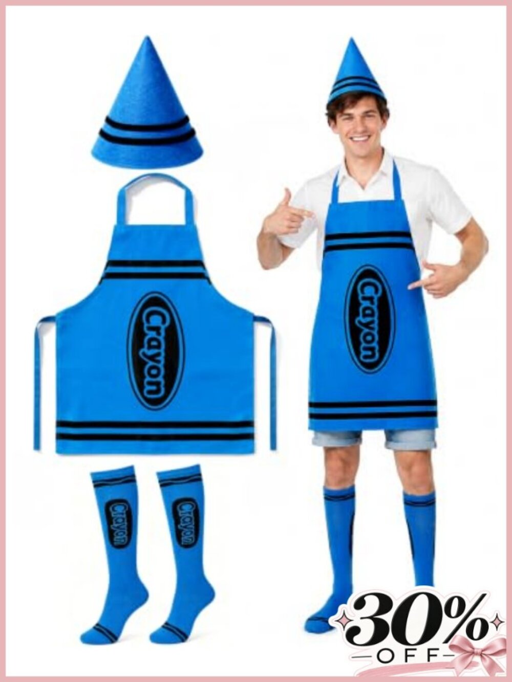 Crayon Costume Adult 3-Piece Apron Cone Hat Socks Halloween Set